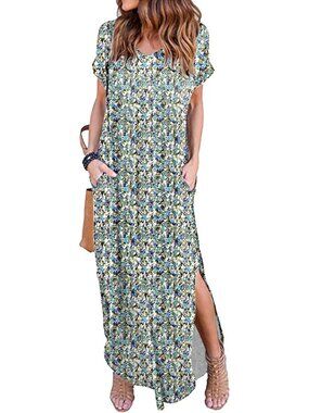 Women's Little Flower Summer Maxi Dress Casual Loose Short Sleeve Split Long